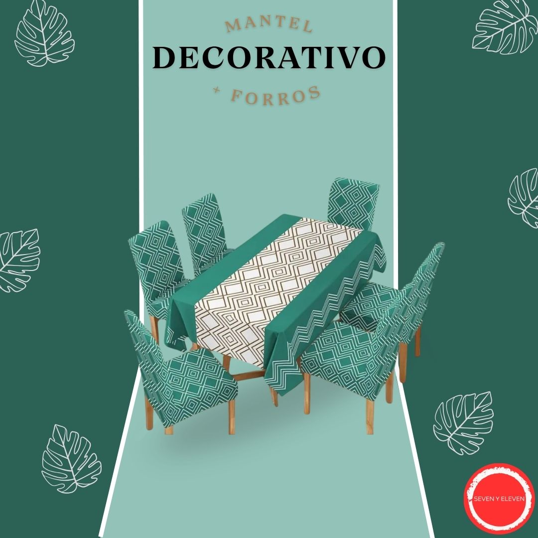 SET X7 DE MANTEL + FUNDAS ROMBOS VERDES